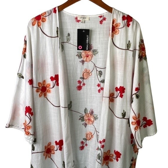 Umgee Floral Embroidered Long Duster Kimono Crochet Fringe Cover Up Colorful - Picture 4 of 15